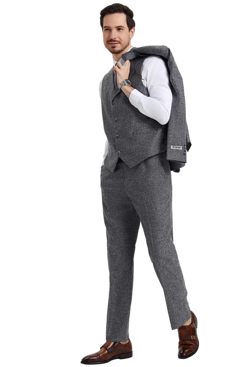 Men's Stacy Adams Vested Vintage Herringbone Tweed Suit in Grey - 38 Regular