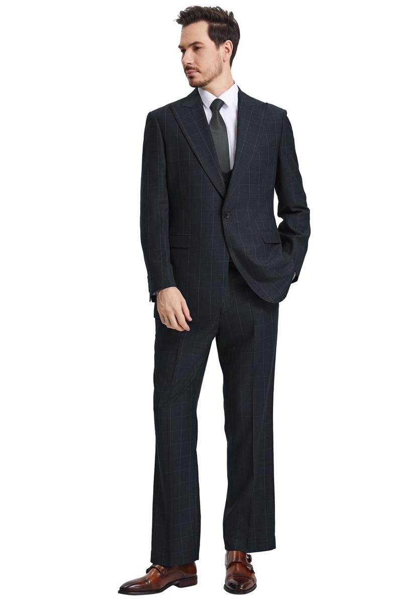 Men's Stacy Adams Peak Lapel Black Windowpane Plaid Suit with a Scoop Neck Vest - 38 Regular