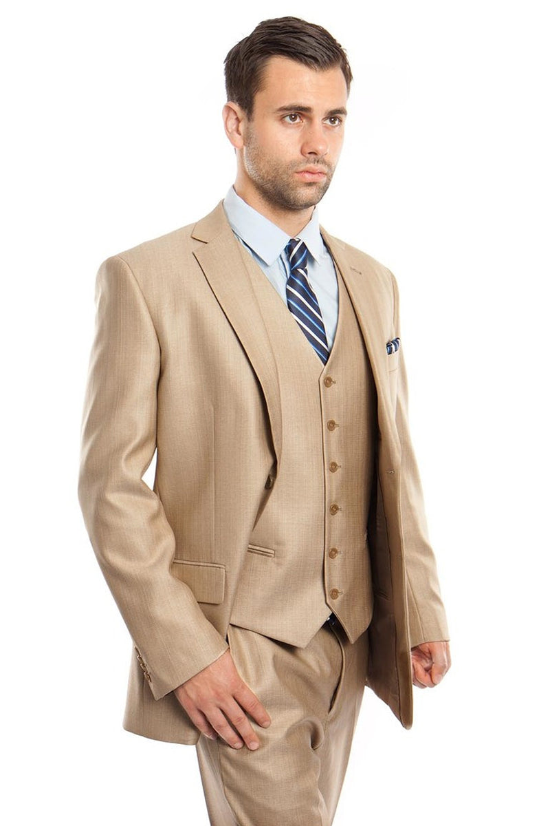 "Sharkskin Business Suit for Men - Two Button Vested in Stone Tan"