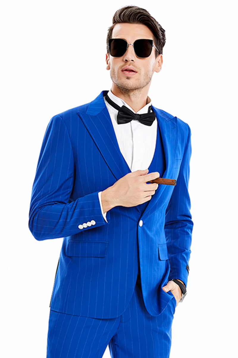 "Men's Royal Blue Pinstripe Suit - One Button Vested with Wide Peak Lapel"