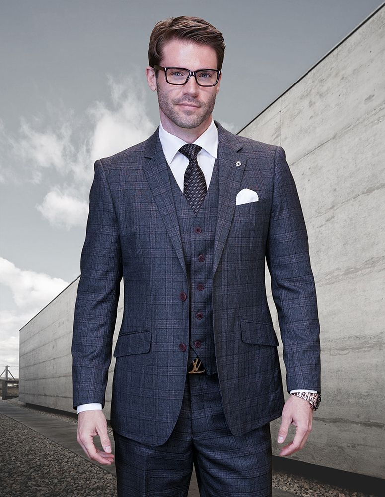 Men's 3-Piece 100% Wool Plaid Suit Modern Fit Fashionable - 38 Short Jacket+32 Waist Adjustable 28to34)(Height: 5 4 to5 7 )(Neck 15-16.5)S-M)