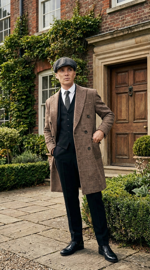 Mens Peaky Blinders Gray Plaid Double Breasted Overcoat + Suit Peaky Blinders Vintage Wool Blend Coat 1920's