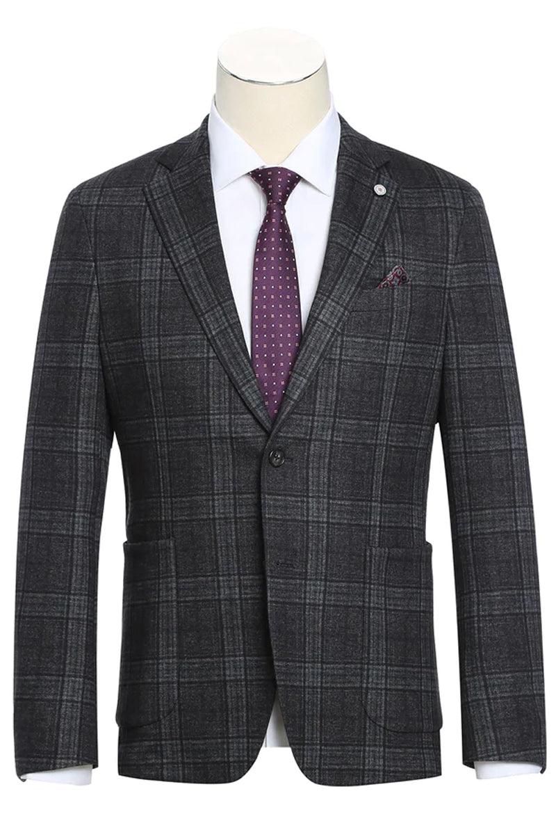 "Pelago Grey-Black Windowpane Plaid Blazer: Slim-Fit, Half-Canvas, Cotton Summer Style" - Charcoal Black