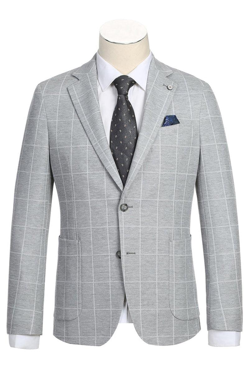 "Pelago Men's Half Canvas Light Grey & White Windowpane Plaid Sport Coat Blazer" - Light Grey