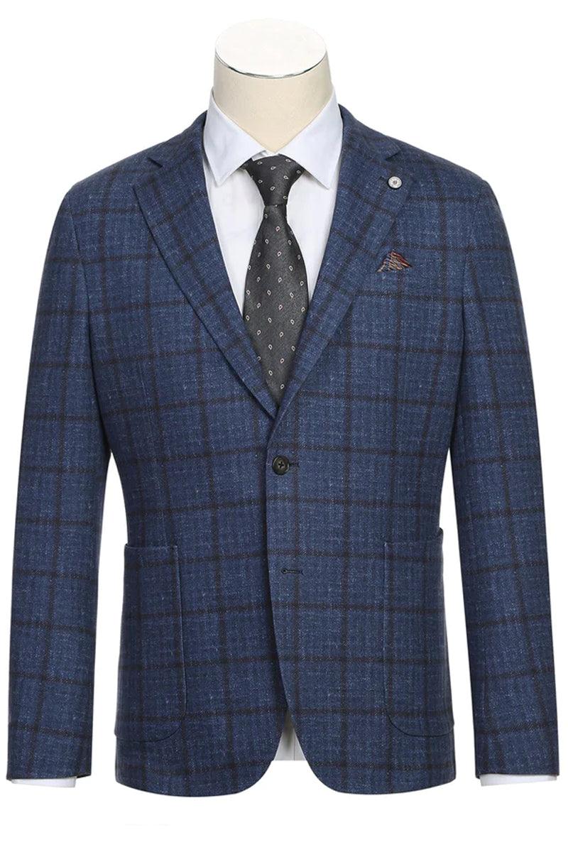 Pelago Navy Blazer: Mens Slim-Fit Windowpane Plaid Half-Canvas Cotton Jacket - Navy