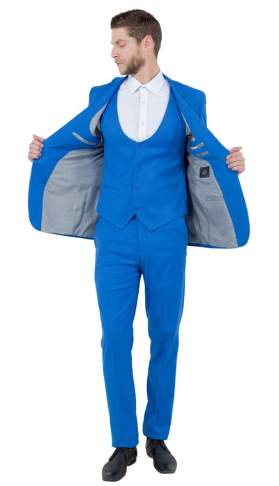 Stretch Fabric 4 Way Slim Fitted Mens Suit in Color Blue Peak Lapel One Button Vested 3 Piece