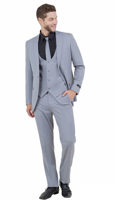 Stretch Fabric 4 Way Slim Fitted Mens Suit in Color Light Grey Peak Lapel One Button Vested 3 Piece