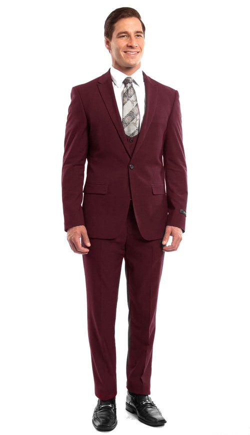Stretch Fabric 4 Way Slim Fitted Mens Suit in Color Burgundy Peak Lapel One Button Vested 3 Piece