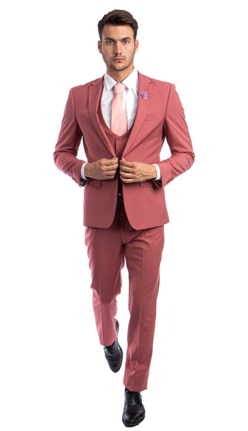 Stretch Fabric 4 Way Slim Fitted Mens Suit in Color Coral Peak Lapel One Button Vested 3 Piece