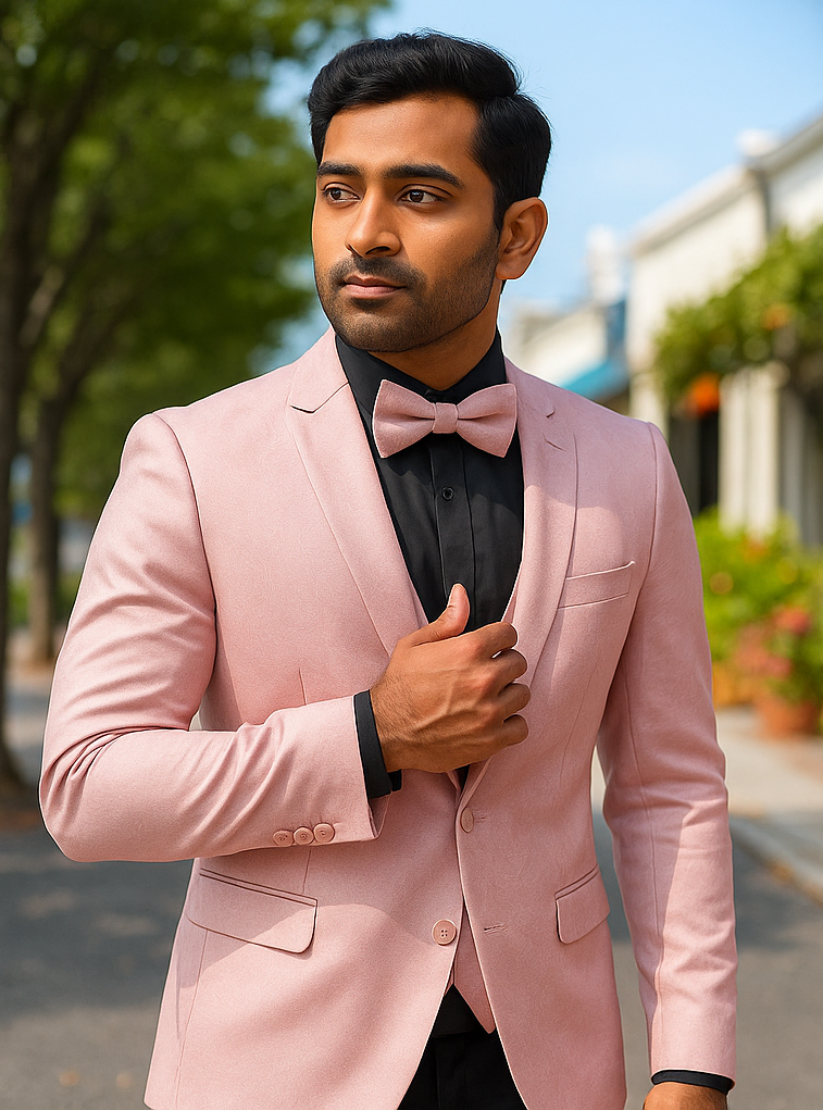 Pink Paisley Suit - Blush Color Slim Fitted Prom 2025 Suit With Bowtie Vest and Black Pants - Coat Size 38