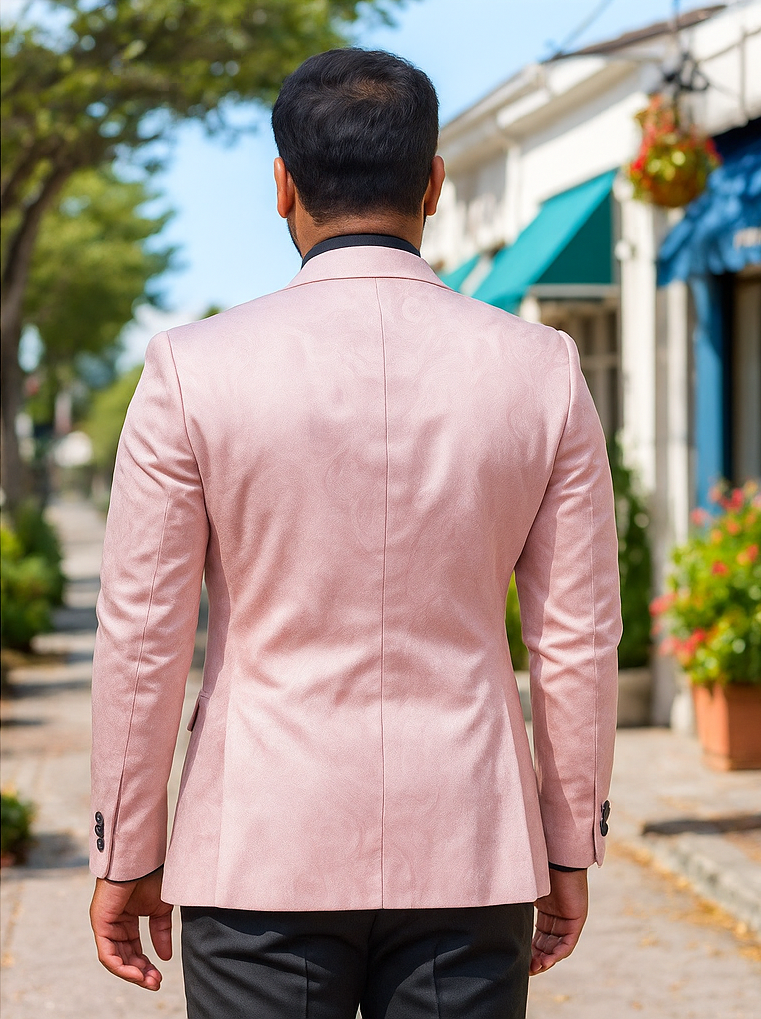 Pink Paisley Suit - Blush Color Slim Fitted Prom 2025 Suit With Bowtie Vest and Black Pants - Coat Size 38