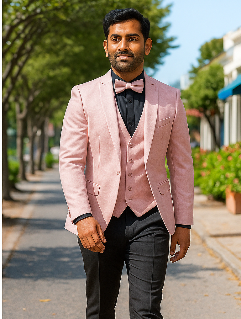 Pink Paisley Suit - Blush Color Slim Fitted Prom 2025 Suit With Bowtie Vest and Black Pants - Coat Size 38