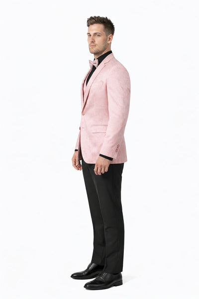 Pink Paisley Suit - Blush Color Slim Fitted Prom 2026 Suit With Bowtie Vest and Black Pants