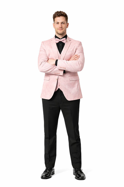 Pink Paisley Suit - Blush Color Slim Fitted Prom 2026 Suit With Bowtie Vest and Black Pants
