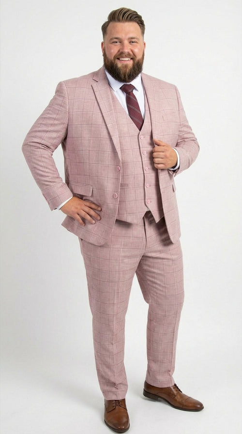 Mens Dusty Rose Three Piece Plaid Suit β Pink Check Wedding and Business Formal Suit Set Windowpane Pattern