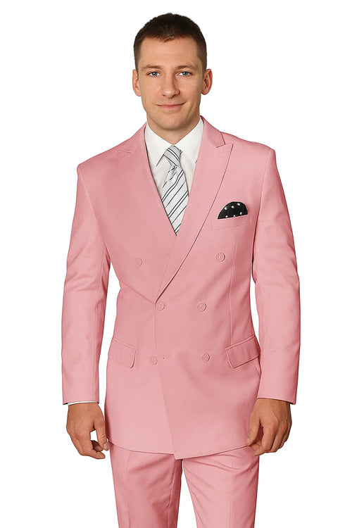 Elegant Mens Double-Breasted Wool Suit in Soft Blush Pink