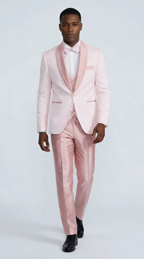 Pink Patterned Tuxedo Set with Shawl Lapel – Wedding & Prom