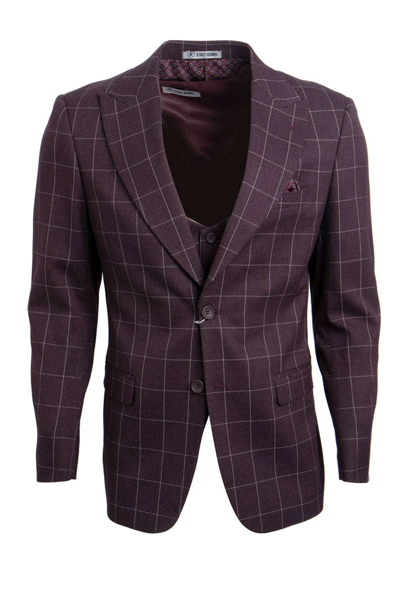 "Mens Stacy Adams Suit - Stacy Adams Suit Men's Burgundy Windowpane Plaid Vested Suit" - 34 Short