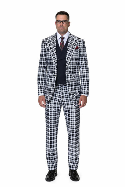 Statement Mens 3-Piece 100% Wool Fashion Suit Unique Checker Pattern