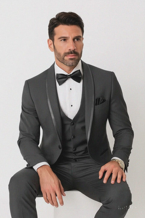 Men'sCharcoalShawlLapelTuxedowithSatinTrim–VestedWeddingSuit