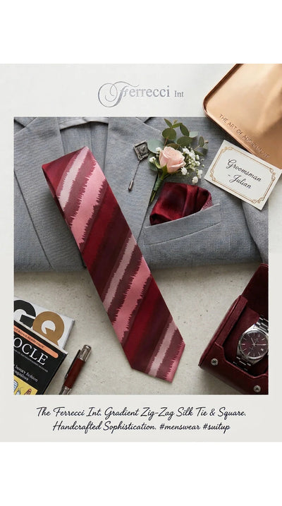 Burgundy & Pink Zig-Zag Brushstroke Striped Necktie & Pocket Square Set