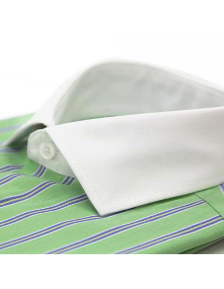 Striped Pattern Matching White Collar & Cuffs Green Cotton Men's Dress Gingham Shirt - Checker Pattern - French Cuff - White Collared + Free Bowtie