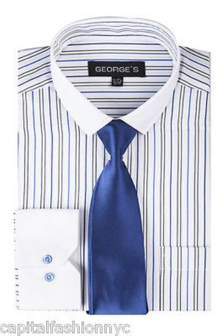 Striped From George Slim Tie White Collar Two Toned Contrast Multi-Color Men's Dress Shirt - Large 16.5" Neck / 36-37" sleeve