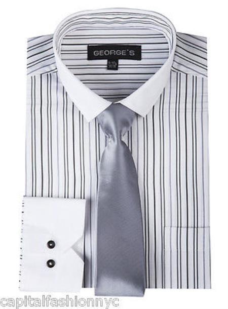 Striped From George Slim Tie White Collar Two Toned Contrast Multi-Color Men's Dress Shirt - Large 16.5" Neck / 36-37" sleeve