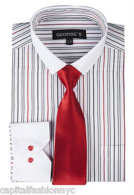 Striped From George Slim Tie White Collar Two Toned Contrast Multi-Color Men's Dress Shirt - Large 16.5" Neck / 36-37" sleeve