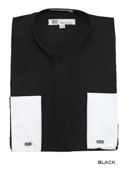 Stylish Preacher Round Style Fashionable Classic French Cuff Mandarin Collarless Men's Dress Shirt - Medium 15.5" Neck / 34-35" Sleeve