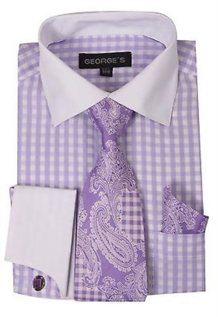 Checker French Cuff Set White Collar Two Toned Contrast Tie Handkerchief Varies Colors Men's Dress Shirt