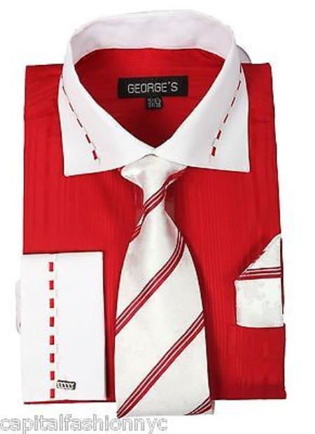 Casual Formal Tie Handkerchief Set White Collar Two Toned Contrast Tonal Striped Multi-Color Men's Dress Shirt With Tie - Large 16.5" Neck / 36-37" sleeve