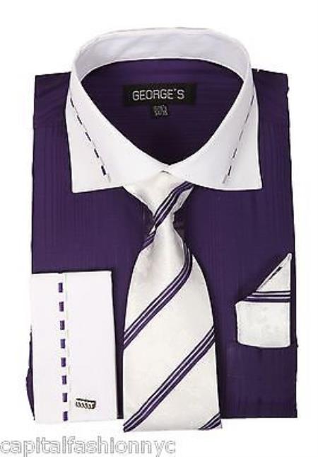 Casual Formal Tie Handkerchief Set White Collar Two Toned Contrast Tonal Striped Multi-Color Men's Dress Shirt With Tie - Large 16.5" Neck / 36-37" sleeve