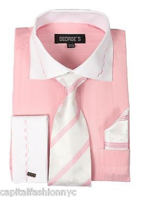 Casual Formal Tie Handkerchief Set White Collar Two Toned Contrast Tonal Striped Multi-Color Men's Dress Shirt With Tie - Large 16.5" Neck / 36-37" sleeve