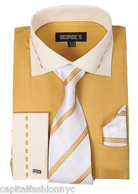 Casual Formal Tie Handkerchief Set White Collar Two Toned Contrast Tonal Striped Multi-Color Men's Dress Shirt With Tie - Large 16.5" Neck / 36-37" sleeve