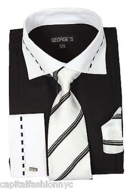 Casual Formal Tie Handkerchief Set White Collar Two Toned Contrast Tonal Striped Multi-Color Men's Dress Shirt With Tie - Large 16.5" Neck / 36-37" sleeve