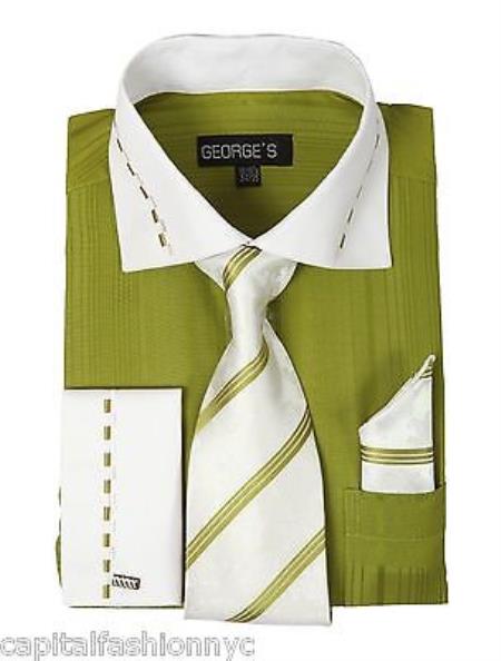 Casual Formal Tie Handkerchief Set White Collar Two Toned Contrast Tonal Striped Multi-Color Men's Dress Shirt With Tie - Large 16.5" Neck / 36-37" sleeve