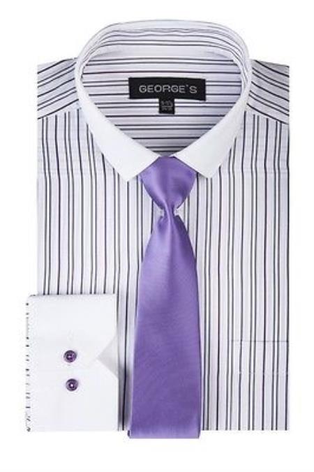 Striped Solid Tie And Slim Collar Style White Collar Two Toned Contrast Multi-Color Men's Dress Shirt - Large 16.5" Neck / 36-37" sleeve