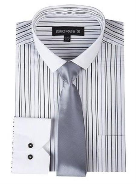 Striped Solid Tie And Slim Collar Style White Collar Two Toned Contrast Multi-Color Men's Dress Shirt - Large 16.5" Neck / 36-37" sleeve