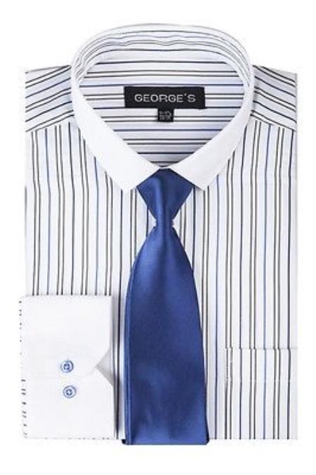 Striped Solid Tie And Slim Collar Style White Collar Two Toned Contrast Multi-Color Men's Dress Shirt - Large 16.5" Neck / 36-37" sleeve