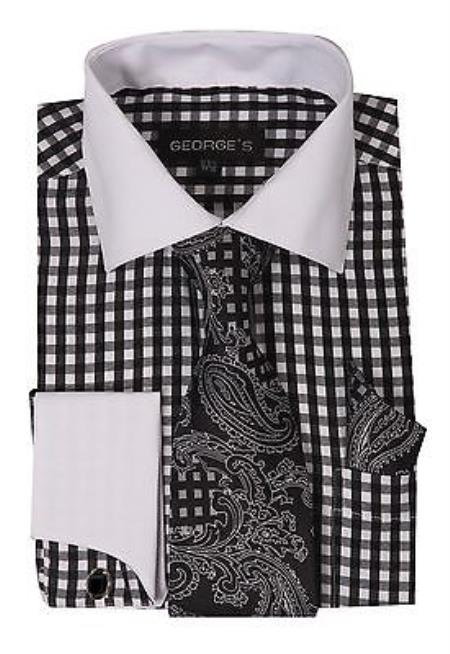 Checker French Cuff With Matching Cuff- Links Style White Collar Two Toned Contrast Multi-Color Men's Dress Shirt With Tie