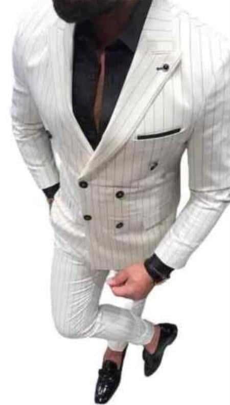 White With Wide Black Pinstripe 1920S 1940S Dress Suit - 38 Short Jacket+32 Waist Adjustable 28to34) (Height: 5'4"to5'7") (Neck 15-16.5)S-M)ggg