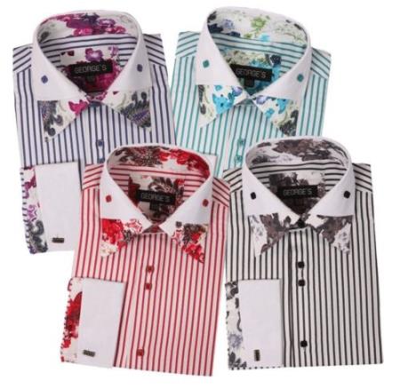 Fashion Tie&Hanky French Cuff Style White Collar Two Toned Contrast Multi-Color Men's Dress Shirt