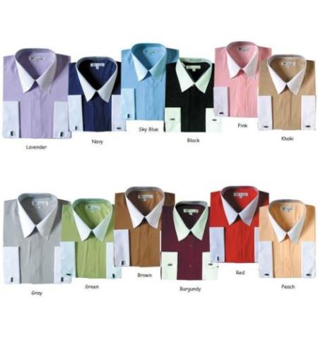 French Cuff Stylish (10 Colors ) White Collar Two Toned Contrast Men's Dress Shirt