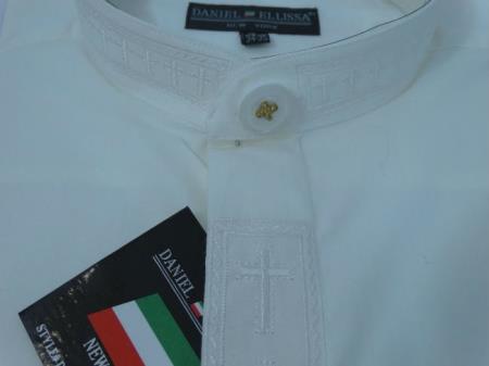 Men's Mandarin Banded Collar Pastor Preacher Long Sleeve Ivory/Ivory Preacher Round Style Collarless Shirt - Medium 15.5" Neck / 34-35" Sleeve