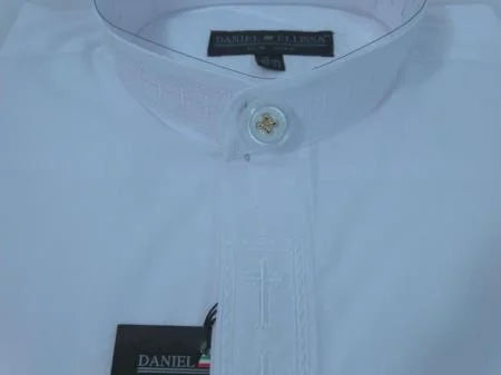 Men's Mandarin Banded Collar Pastor Preacher Preacher Round Style Long Sleeve White/White Collarless Shirt - Small 14.5" Neck / 32-33" Sleeve