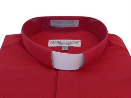 Men's Mandarin Banded Collar Preacher Round Style French Cuff Pastor Preacher Long Sleeve Red Collarless Shirt - Small 14.5" Neck / 32-33