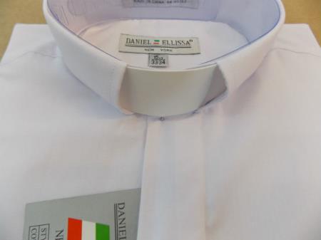 Best Designer Sale Men's Mandarin Banded Collar Preacher Round Style French Cuff Pastor Preacher Long Sleeve White Collarless Shirt - Small 14.5" Neck / 32-33" Sleeve