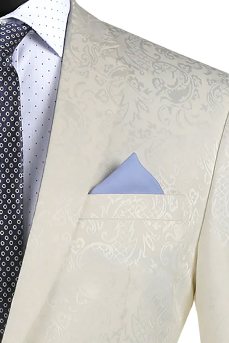 Ivory Men's Slim Fit Paisley Wedding & Prom 2025 Suit - Shiny Finish - 36 Short