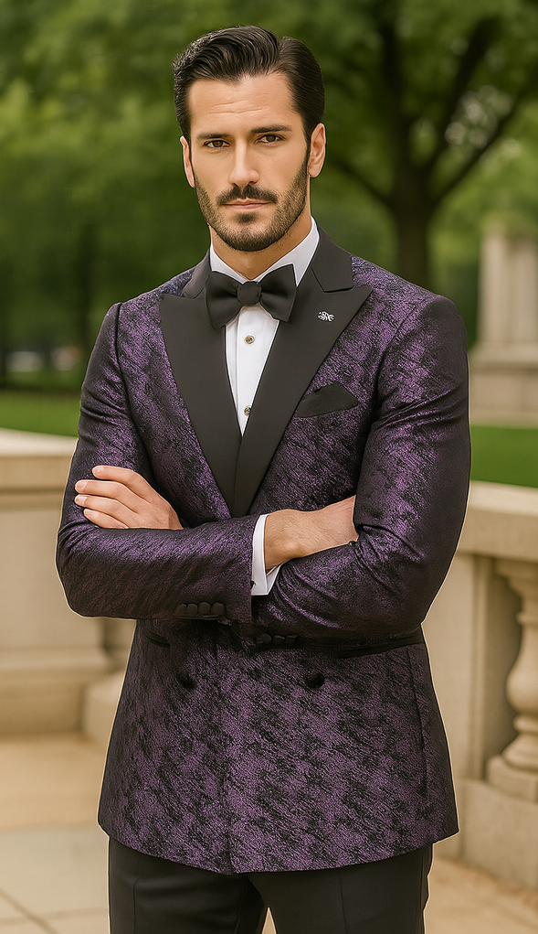 Purple Double Breasted Rough Streak Pattern Satin Peak Lapel Stacy Adams Men's Jacket - 34 Short or Extra Small